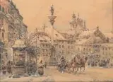 Pod Kolumną Zygmunta by Władysław Chmieliński, tusz, gwasz, akwarela, papier, sold Jun 2018