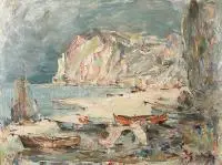 Marian Mokwa, Skaliste wybrzeże, olej, tektura
