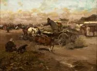 Józef Brandt, Na jarmark, olej, płótno naklejone na płytę pilśniową, 22