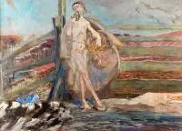 Jacek Malczewski, Święta Agnieszka wypuszcza skowronka z mieszka, olej, tektura malarska