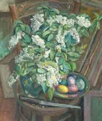Emil Krcha, Martwa natura z białymi bzami, 1943 r., 1943, olej, płyta pilśniowa