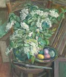 Emil Krcha, Martwa natura z białymi bzami, 1943 r., 1943, olej, płyta pilśniowa