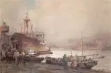 Pejzaż portowy by Marian Mokwa, olej, płótno, sold May 2018