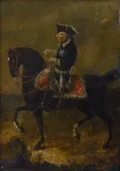 Daniel Mikołaj Chodowiecki, Portret konny Fryderyka II von Hohenzollern, ok. 1776 r., 1776, olej, płyta mosiężna, 19