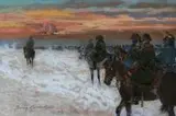 Odwrót Napoleona spod Moskwy by Jerzy Kossak, olej, tektura, sold Apr 2018
