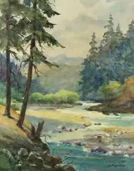 Henryk Sajdak, Pejzaż podgórski z rzeką, akwarela, papier