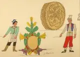 Stroje polskie, plansza 34 - Kołacz weselny by Zofia Stryjeńska, szablon ręcznie kolorowany gwaszem, papier, 39, sold Mar 2018