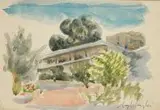 Jerzy Mierzejewski, Pejzaż z architekturą, akwarela, papier