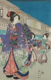 Tryptyk - Wieczorne spotkanie w dzielnicy rozkoszy, Japonia, okres Edo, poł. XIX w. by Utagawa Kunisada & Toyokuni III, drzeworyt barwny, nishiki-e, 3 x oban tate-e (36, sold Mar 2018