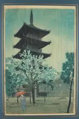 Shiro Kasamatsu, Pagoda w porannym deszczu, drzeworyt, papier, 37