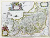Joannes Janssonius, Prussia Accurate Descriptia a Gasparo Henneberg Erlichensi, Mapa Pomorza Wschodniego według Gaspara Henneberga, Amsterdam 1653 r. miedzioryt kolorowany, wym. 37
