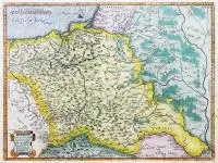 Wacław Grodecki, Poloniae finitimarumque locorum..., Mapa Polski i Wielkiego Księstwa Litewskiego, pochodząca z atlasu „Theatrum orbis terrarum" A. Orteliusa, 1570 r. miedzioryt kolorowany, wym. 37