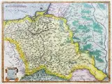 Wacław Grodecki, Poloniae finitimarumque locorum..., Mapa Polski i Wielkiego Księstwa Litewskiego, pochodząca z atlasu „Theatrum orbis terrarum" A. Orteliusa, 1570 r. miedzioryt kolorowany, wym. 37