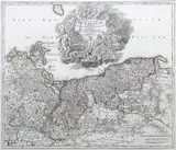 Johann Baptist Homann, Ducatus Pomeraniae novissima tabula in anteriorem et interiorem divisa…, Mapa Księstwa Pomorskiego, Norymberga, ok. 1720 r. miedzioryt kolorowany, wym. 50