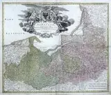 Johann Baptist Homann, Regnum Borussiae Gloriosis auspicÿs Serenissimi…, Mapa Królestwa Prus, wydana z okazji koronacji Fryderyka III w 1701 r., Norymberga, przed 1715 r. miedzioryt kolorowany, wym. 50