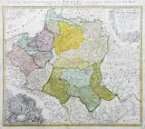 Tobias Mayer, Mappa Geographica Regni Poloniae ex novissimis…, Mapa Rzeczpospolitej, stan pierwszy z drugiej płyty, wyd. Spadkobiercy Homanna, Norymberga 1750 r. miedzioryt kolorowany, wym. 49