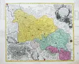 Tobias Lotter, Nova Mappa Geographica Totius Ducatus Silesiae Tam Superioris…, Mapa Dolnego Śląska, w lewym dolnym rogu plan Wrocławia, na marginesach odręczny spis liczby mieszkańców poszczególnych miast, Augsburg 1758 r. miedzioryt kolorowany w epoce, wym. 48