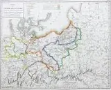 Jean Baptiste Tardieu, Carte du Théâtre de la guerre et marches des Armées Francaises…, Mapa ukazująca marszrutę armii francuskiej podczas kampanii napoleońskiej w latach 1806-1807, Paryż 1809 r. miedzioryt kolorowany liniowo w epoce