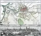 Spadkobiercy Homanna, Die Königl. Polnische u. Preusische Hansee- und Handels-Stadt Dantzig...., Plan Gdańska, mapa okolic Wisłoujścia i linii brzegowej Morza Bałtyckiego, Norymberga, 1739 r. U dołu panorama miasta od strony zachodniej z fortyfikacjami miedzioryt kolorowany