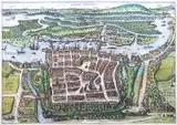 Frans Hogenberg Georg Braun, Alten Stettin, Widok Szczecina pochodzący z dzieła „Civitates orbis terrarum", t. IV, Kolonia 1572-1618, akwaforta kolorowana w epoce, 33