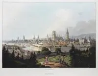 Robert Bowyer, Dantzic, Widok Gdańska z Biskupiej Górki, pochodzący z „An illustrated record of important events in the annals of Europe”, Londyn 1814 r. akwaforta, akwatinta barwna, wym. 22