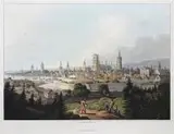 Robert Bowyer, Dantzic, Widok Gdańska z Biskupiej Górki, pochodzący z „An illustrated record of important events in the annals of Europe”, Londyn 1814 r. akwaforta, akwatinta barwna, wym. 22