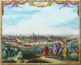 Pieter van der Aa, La Ville de Dantzic dans la Prusse Royale, Widok Gdańska od południowego zachodu, będący kopią widoku N. Vischera I z ok. 1650 r., zamieszczony w dziele „La Galérie agréable du monde…”, Lejda 1729 r. miedzioryt kolorowany, wym. 21