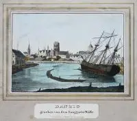 Julius Gottheil, Danzig gesehen von dem Langarter Walle, Panorama Gdańska od strony Długiej Grobli, Gdańsk, ok. 1840 r. litografia barwna, wym. widoku 9