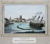 Julius Gottheil, Danzig gesehen von dem Langarter Walle, Panorama Gdańska od strony Długiej Grobli, Gdańsk, ok. 1840 r. litografia barwna, wym. widoku 9
