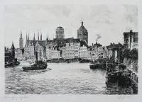 Albrecht Bruck, Widok na Długie Pobrzeże w Gdańsku, akwaforta, wym. 19