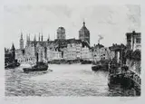 Albrecht Bruck, Widok na Długie Pobrzeże w Gdańsku, akwaforta, wym. 19