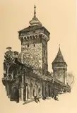 Jan Kanty Gumowski, Brama Floriańska i Baszta Pasamoników, z teki Widoki Krakowa, 1926 r., 1926, litografia, papier, 37