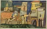 Rycerz przy zamku by Stanisław Eleszkiewicz, akwarela, ołówek, papier, sold Jan 2018