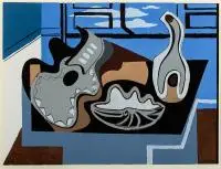 Louis Marcoussis, Martwa natura ze skrzypcami i gitarą, pochoir (gwasz malowany szablonem), papier, 15