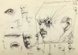 Szkice twarzy i ust by Franciszek Starowieyski, tusz, papier, sold Jan 2018