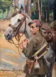 Ułan z koniem, 1924 r. by Wojciech Kossak, 1924, olej, płyta, 30, sold Nov 2017
