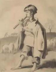 Grający na fujarce by Zygmunt Grabowski, ołówek, papier, 25, sold Oct 2017