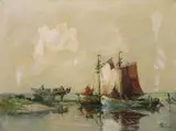 Rudolf Priebe, Łodzie rybackie, olej, płótno