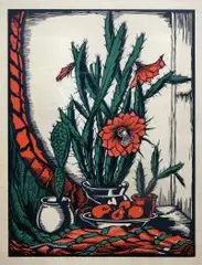 Jan Schonk, Martwa natura z kaktusem, drzeworyt barwny, papier