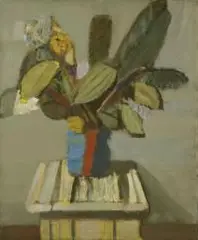 Artur Nacht-Samborski, Liście fikusa w pasiastym wazonie, ok. 1957, 1957, olej, płótno