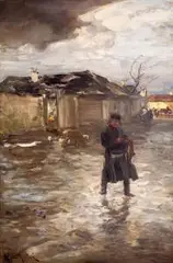 Alfred Wierusz-Kowalski, Przed karczmą, przed 1883, olej, płótno dublowane