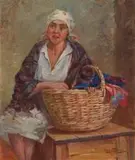 Maurycy Trębacz, Młoda kobieta z koszem, olej, sklejka