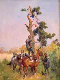 Na zwiadach, 1919 r. by Wojciech Kossak, 1919, olej, płótno na tekturze, sold Aug 2017