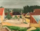 Pejzaż z zabudowaniami by Henryk Hayden, olej, tektura, sold Aug 2017