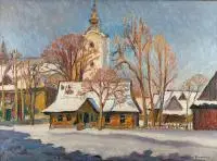 Zimowy pejzaż by Mieczysław Filipkiewicz, olej, tektura, 49, sold Aug 2017