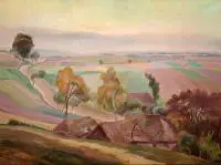 Stanisław Paciorek, Pejzaż z chatami, 1929 r., 1929, olej, sklejka
