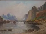 Carl Hilgers, Pejzaż z parowcem, olej, tektura