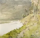 Przy brzegu by Marian Mokwa, olej, płótno, sold Jul 2017