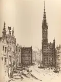 Antoni Suchanek, Długi Targ z Ratuszem Głównego Miasta, litografia, papier, 39