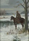 Ułan na patrolu, 1933 r. by Jerzy Kossak, 1933, olej, sklejka, sold May 2017